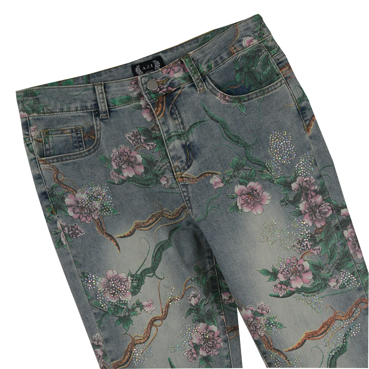 A.Z.I. Denim 5 Pocket Floral Jean With Rhinestones (Z13451) (Denim ) - Image 2