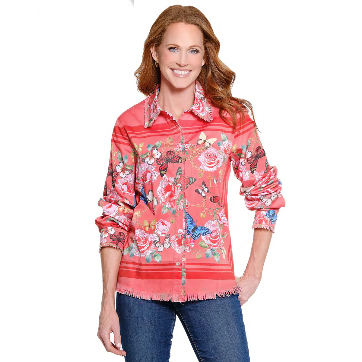 Ali Miles Woven Button Front Butterfly Jacket (Coral)(A16224BM)