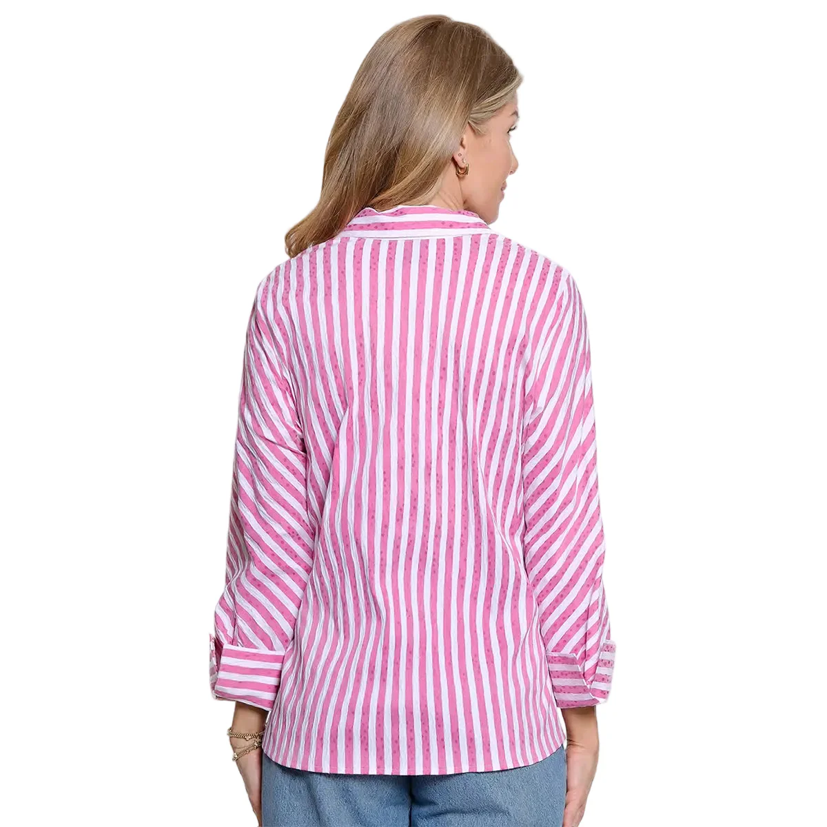 Ali Miles Woven Jacquard Pop-over top (A56116TM)(Raspberry Stripe) - Image 2