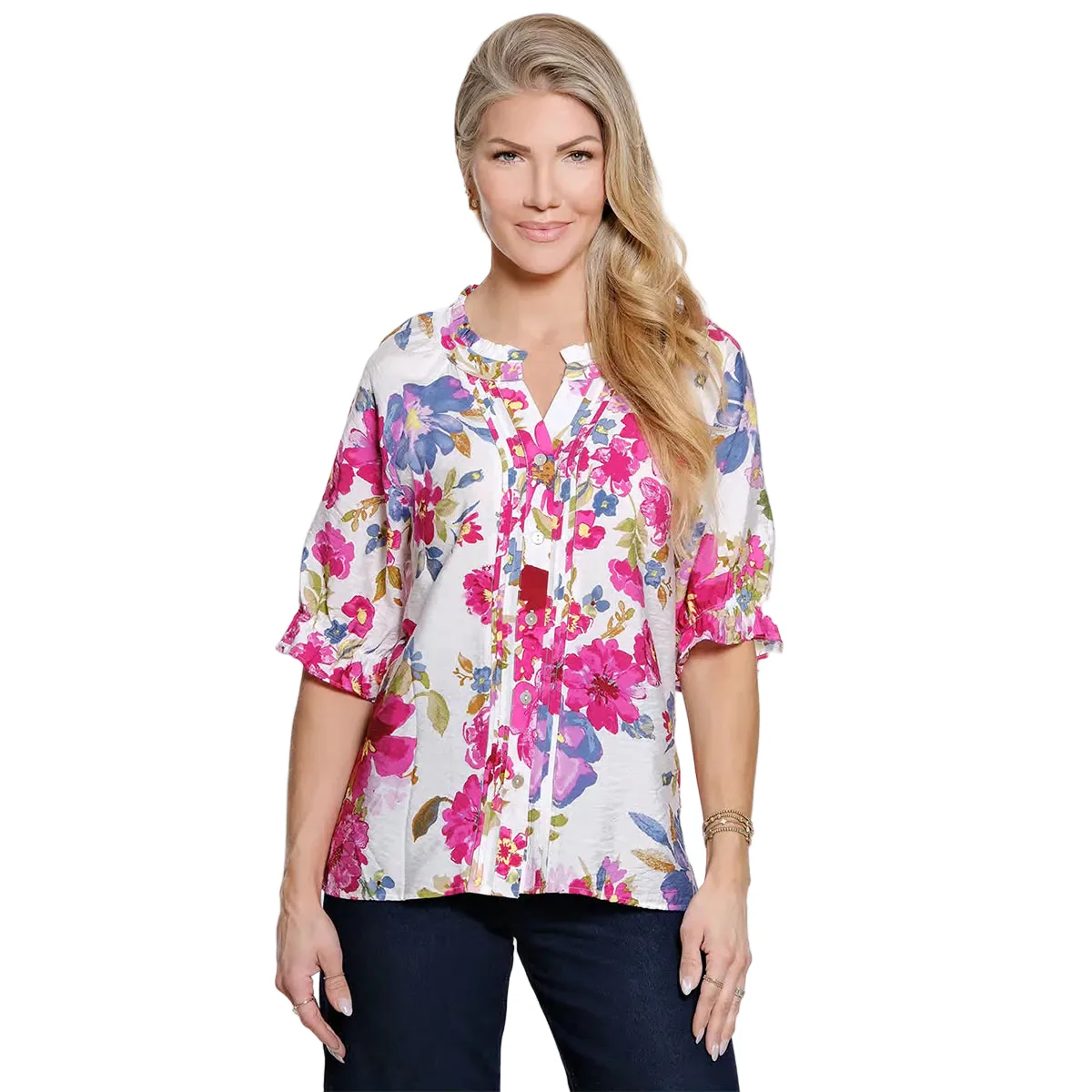 Ali Miles Woven Button Front Blouse (A26408BM) (Floral)