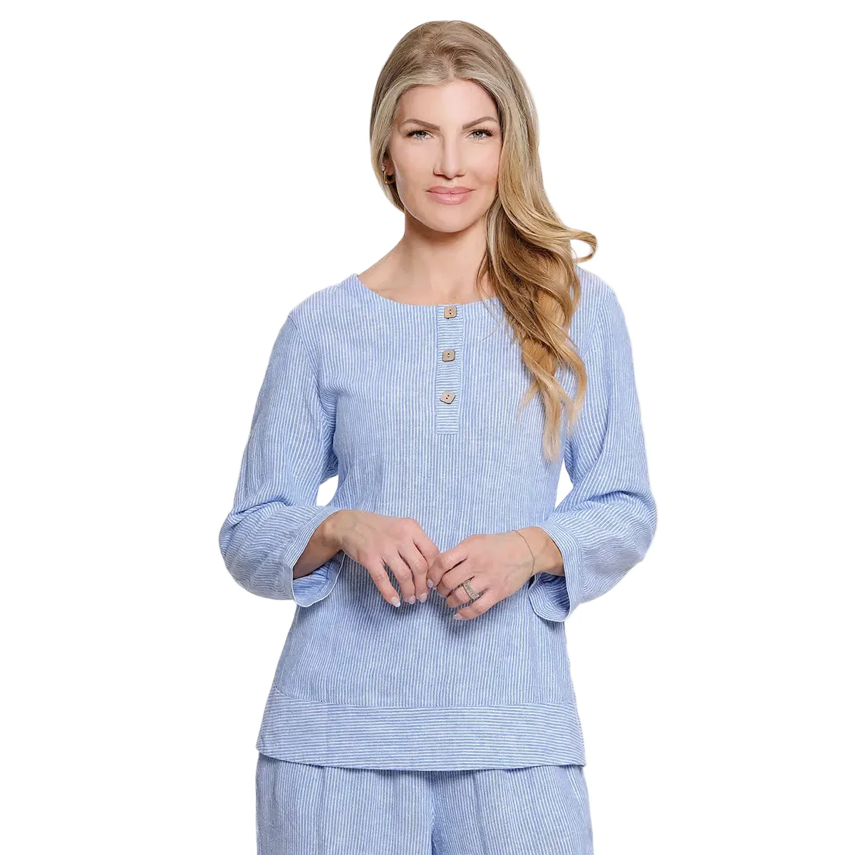Ali Miles Woven Yarn Dyed Stripe Pop Over (A26430TM)(CLRBLU)