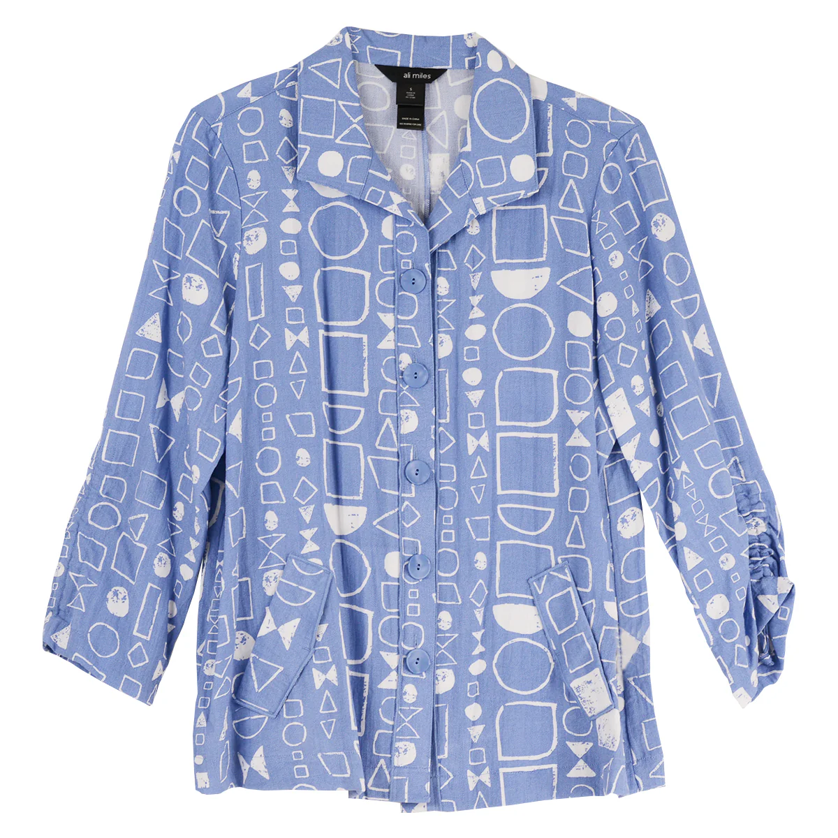 Ali Miles Woven Geo Full Button Front Point Collar Tunic (BLU/WHT) - Image 2