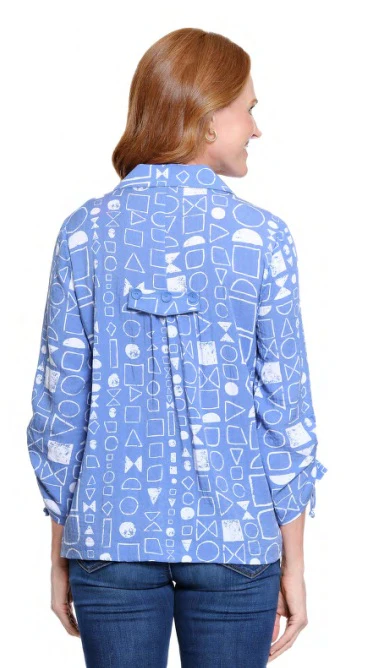 Ali Miles Woven Geo Full Button Front Point Collar Tunic (BLU/WHT) - Image 6