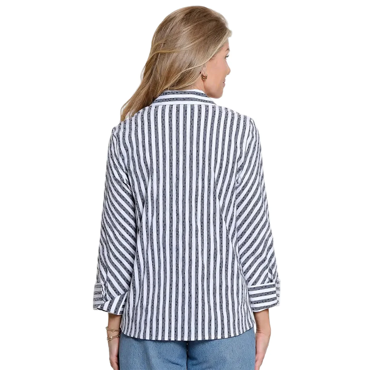 Ali Miles Woven Jacquard Pop-over top (A56116TM)(Gray Stripe) - Image 2