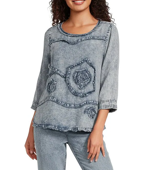 Ali Miles Woven Frayed Floral Appliqued Detail 3/4 Sleeve Popover (A16205TM)(Denim)