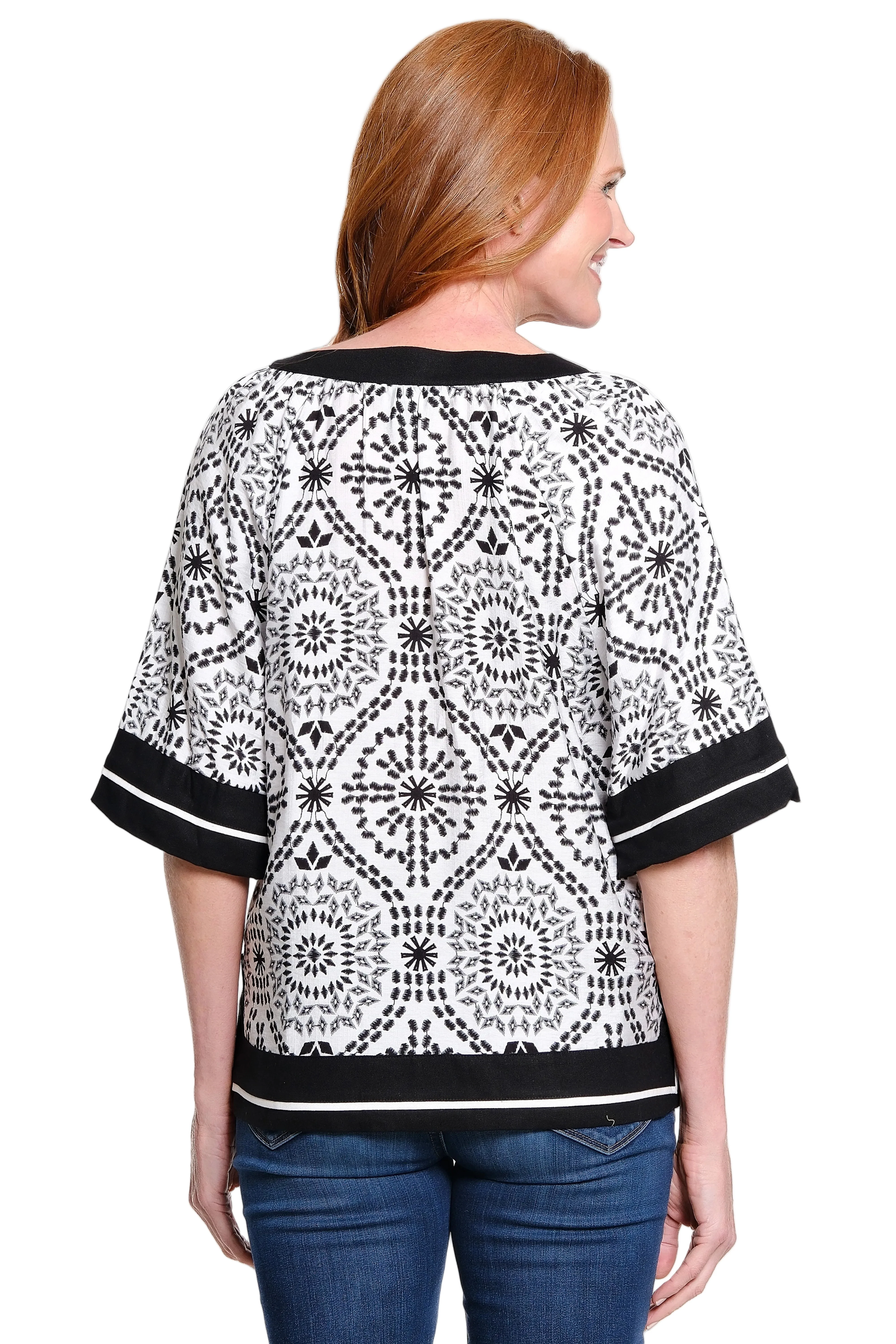 Ali Miles Pop-over Split Neckline Blouse(A16320TM)(Black/White) - Image 2