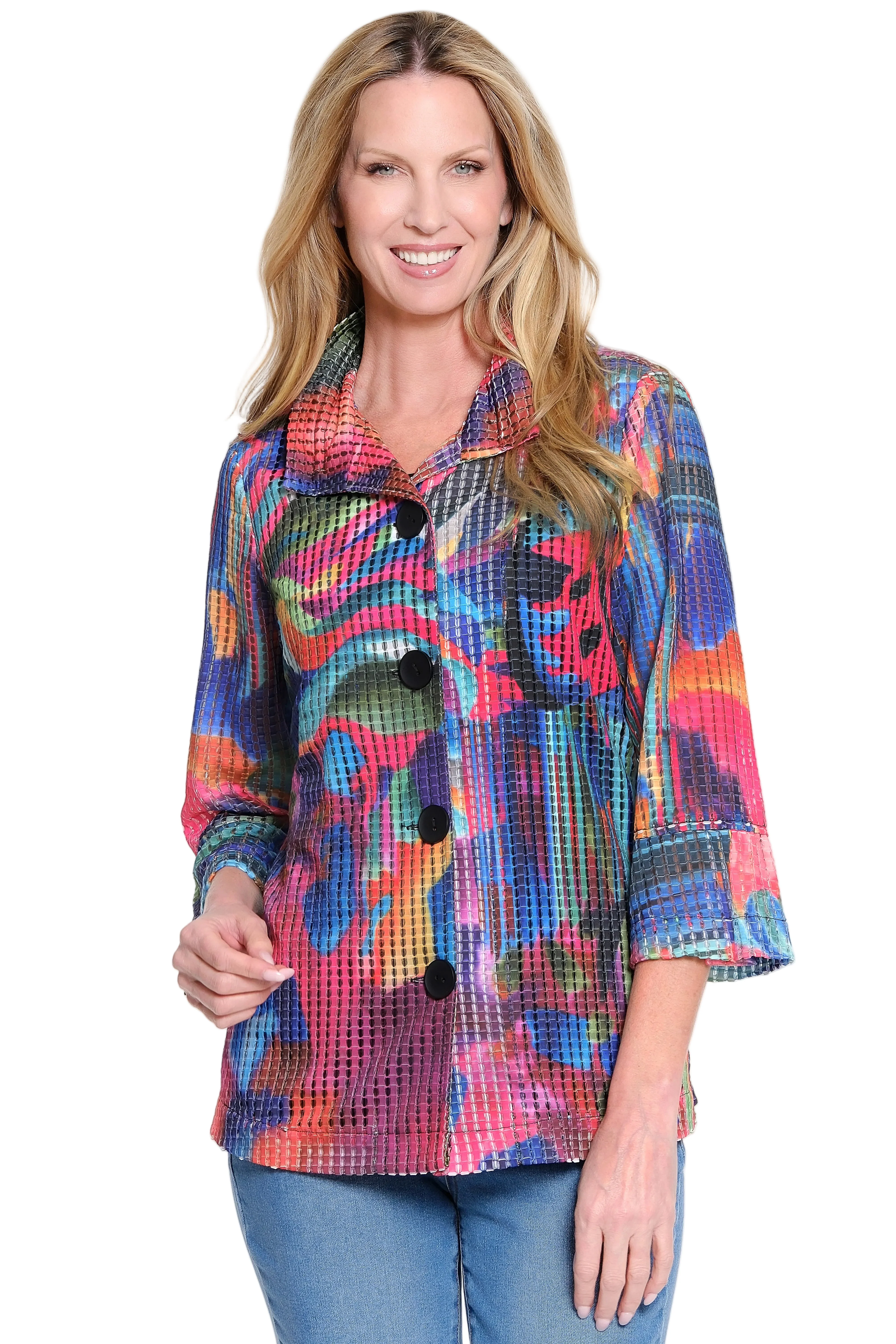 Ali Miles Textured Knit Button Front Jacket(A16310JM) (Abstract Multi)
