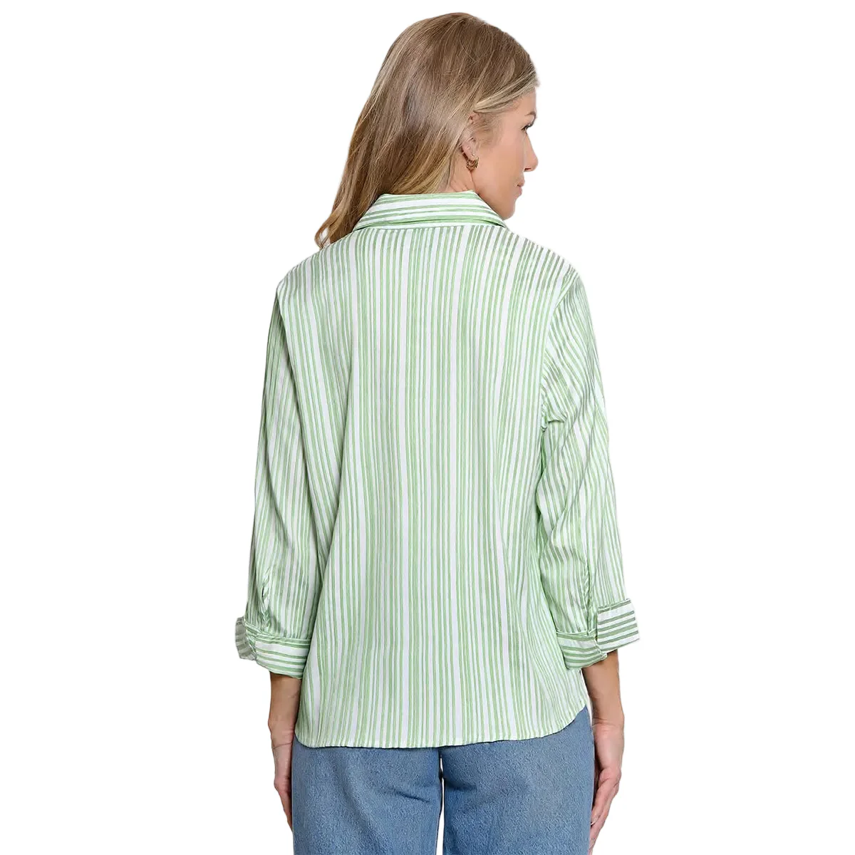 Ali Miles Textured Satin Yarn Dyed Vertical Stripe Button Up Top (A55115TM)(Mint) - Image 2