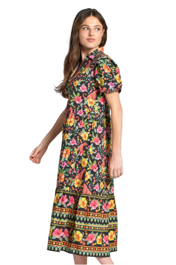 APNY Bright Floral Print Puff Sleeve Tiered Midi Dress (NVY/MULTI) - Image 3