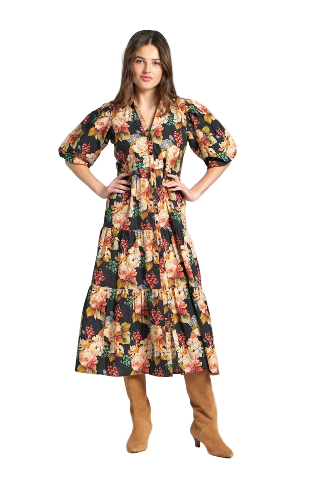 APNY Floral Long Tiered Dress w/Elbow Sleeves V-Neck (Black Multi)
