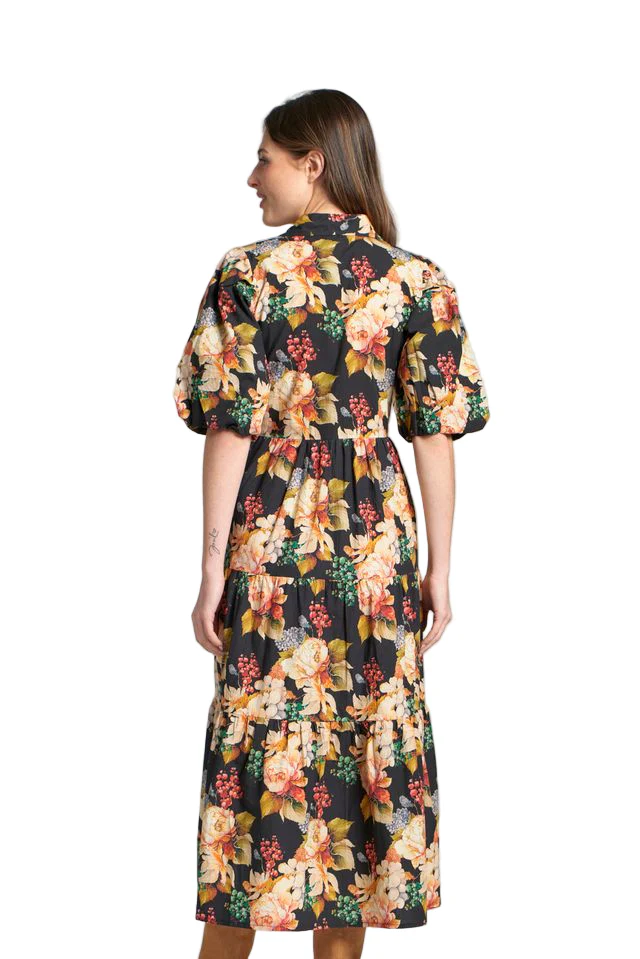 APNY Floral Long Tiered Dress w/Elbow Sleeves V-Neck (Black Multi) - Image 2