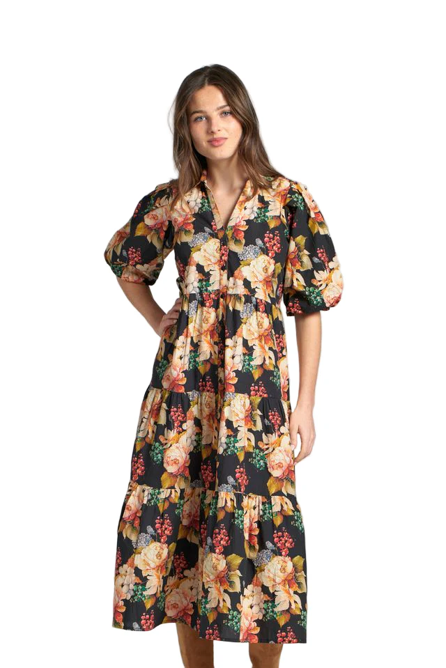 APNY Floral Long Tiered Dress w/Elbow Sleeves V-Neck (Black Multi) - Image 3