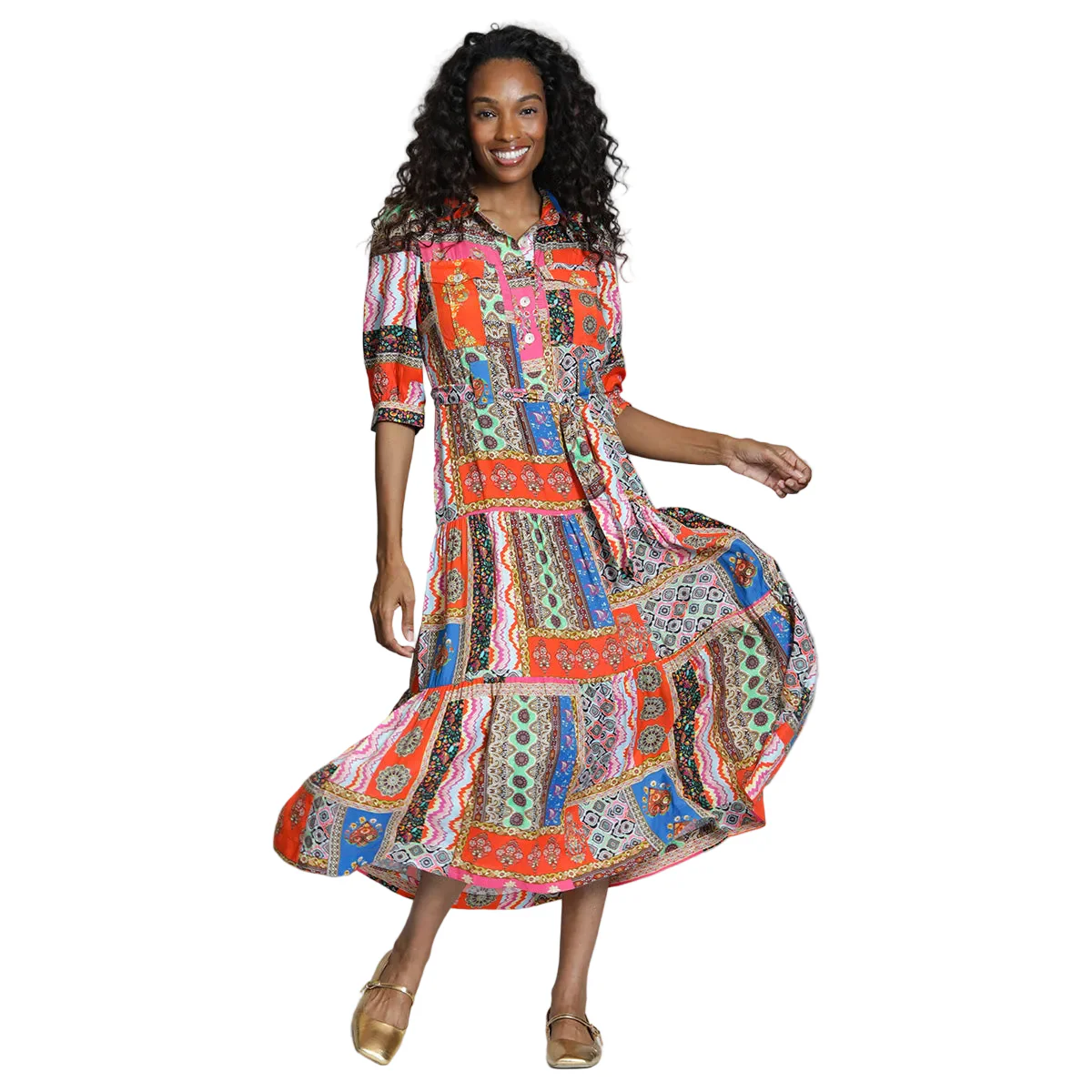 APNY Long Tiered Dress with Elbow Sleeve (Hot Coral Multi ) (J75A) - Image 2