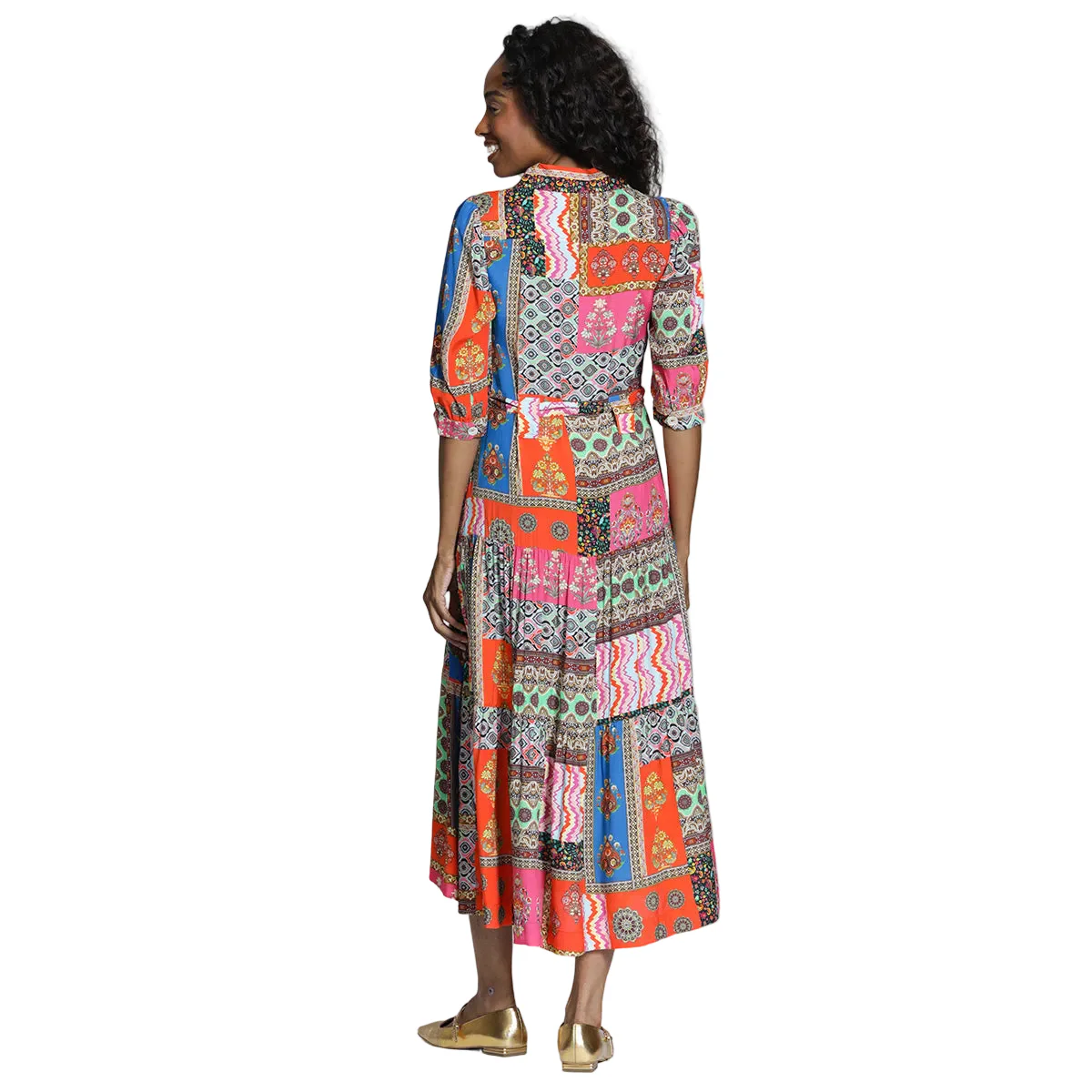 APNY Long Tiered Dress with Elbow Sleeve (Hot Coral Multi ) (J75A) - Image 3