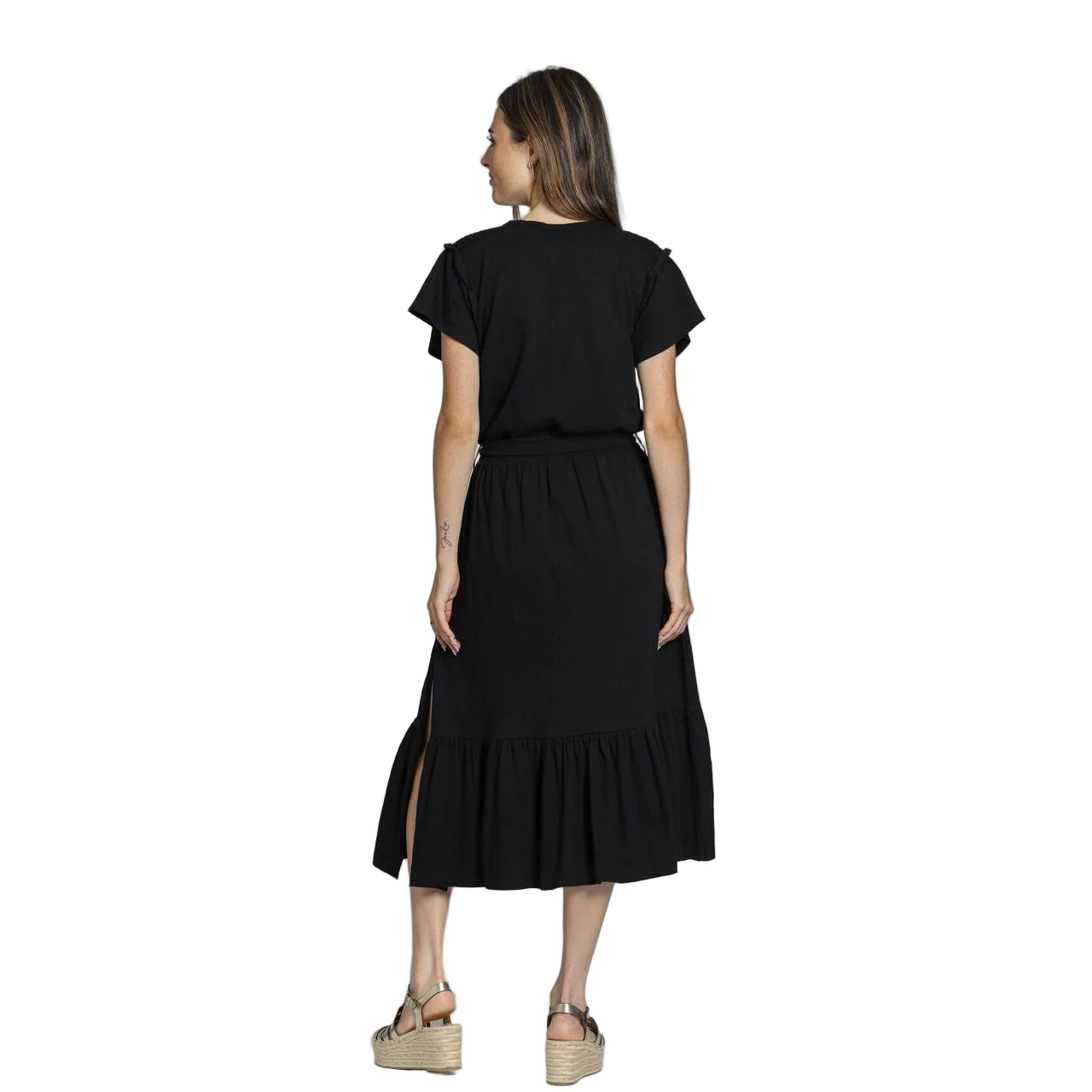 APNY Shoulder Smocking Detail Tie Front Solid Black Dress - Image 2