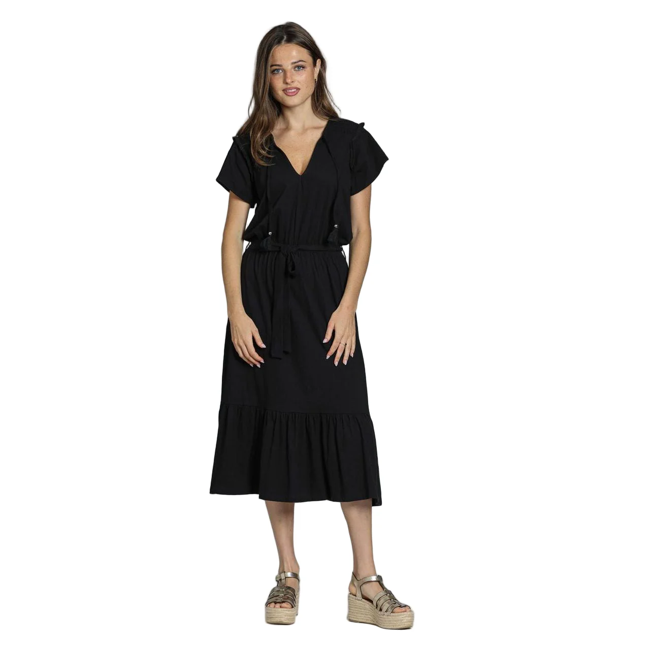 APNY Shoulder Smocking Detail Tie Front Solid Black Dress - Image 3