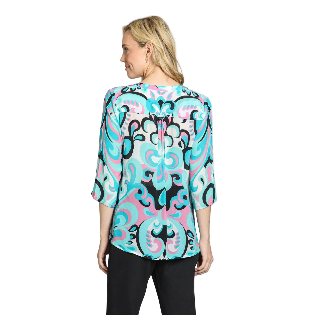 APNY Aqua Print V-Neck Tassel Tie Top - Image 2