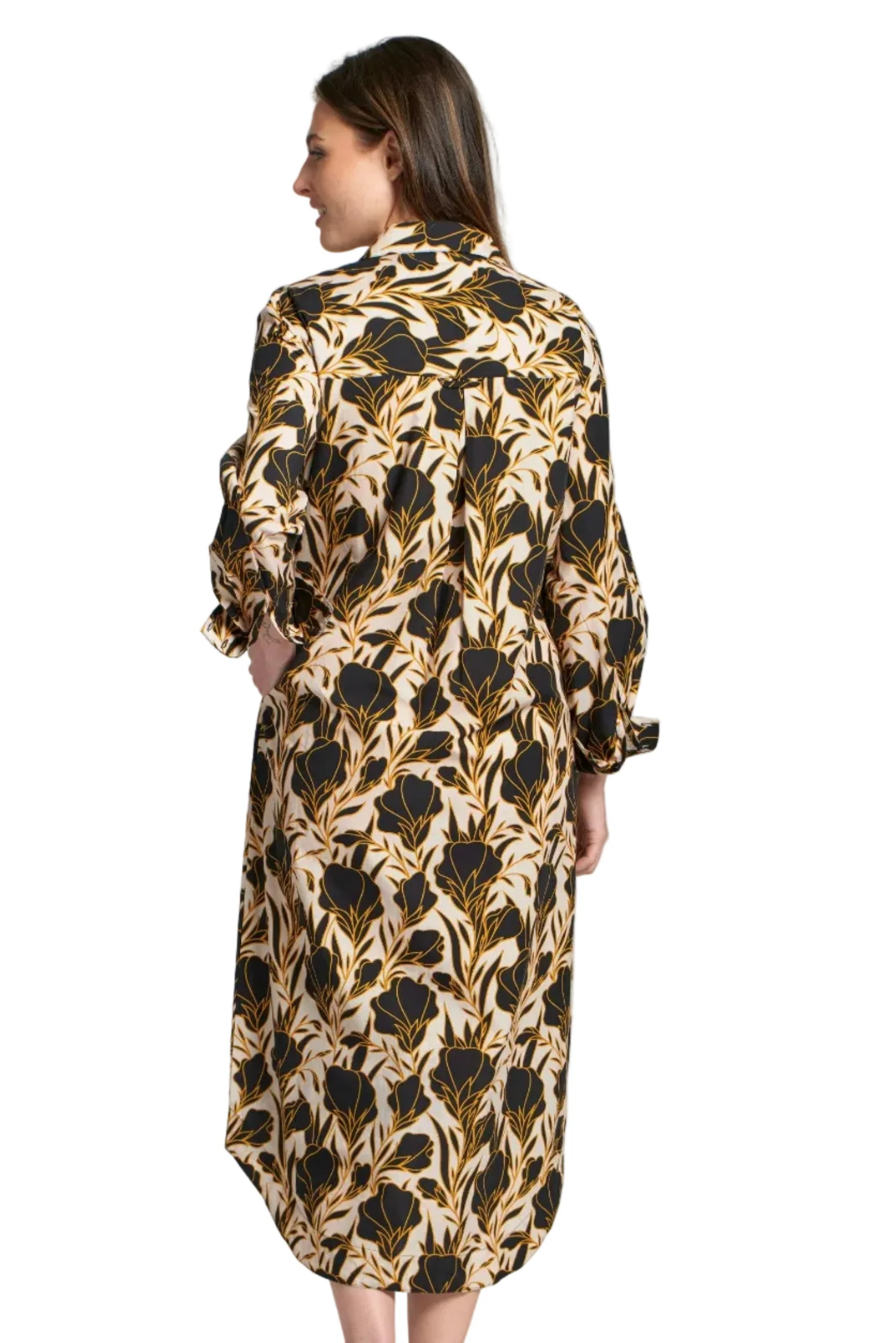 APNY Yellow Gold Floral Print Shirt Waist Midi Dress - Image 2