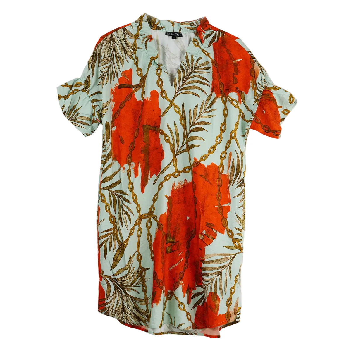 Boho Chic Abstract Fern Print Dress (11222420)(Red)