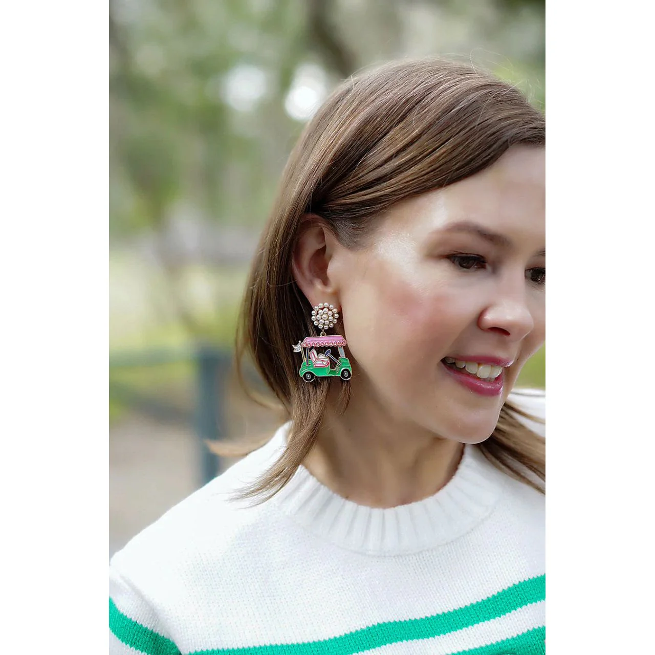 Canvas 19th Holes Golf Cart Enamel Earrings (24956E-MU) PNK/GRN - Image 2