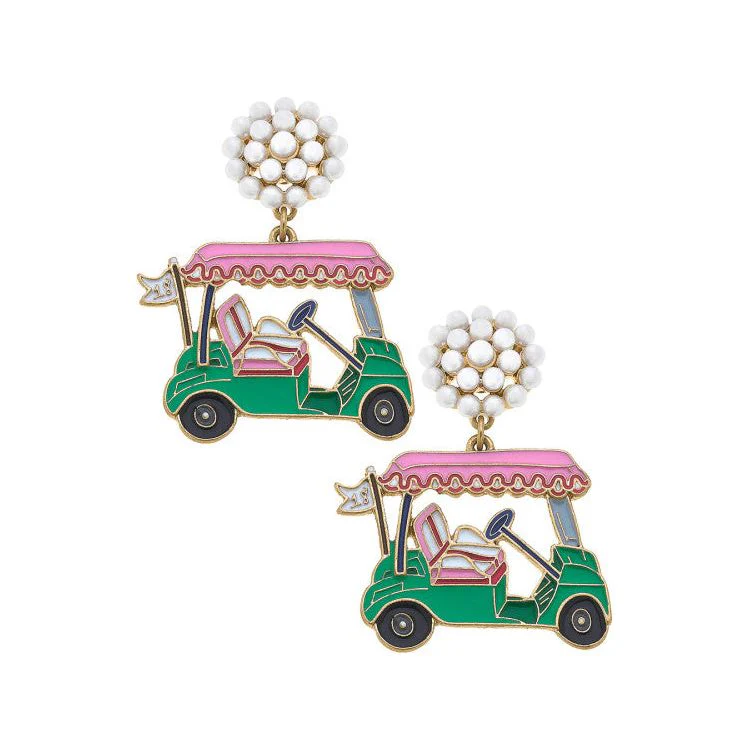 Canvas 19th Holes Golf Cart Enamel Earrings (24956E-MU) PNK/GRN - Image 3