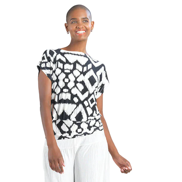 Clara Sun Woo Crinkle Pleat Knit Dolman Short Sleeve Top (Aztec)(T208PL)Size XL
