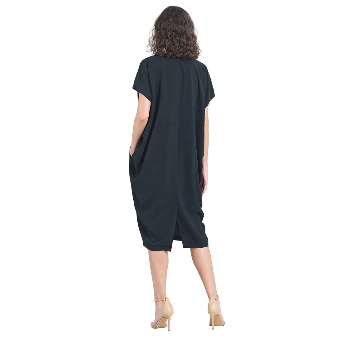 Clara Sun Woo V-Neck Solid Black Loose Fit Pocket Dress - Image 3
