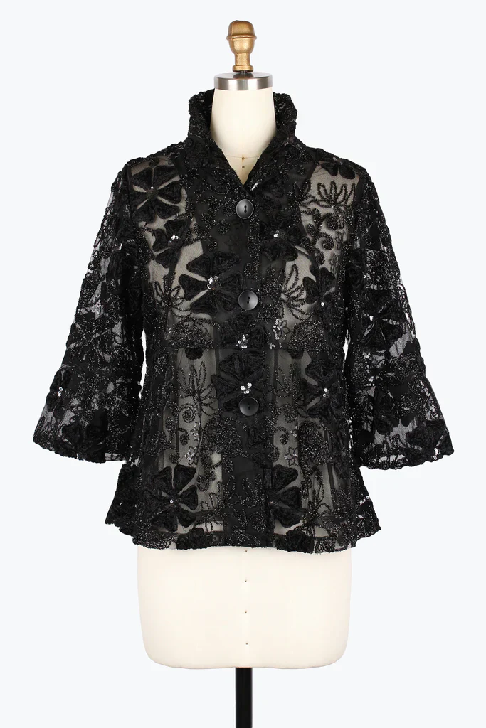 Damee Black Floral Sequin & Sparkle Sheer Mesh Short Jacket - Image 2