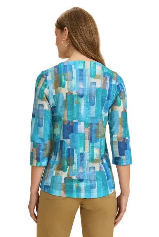 FDJ French Dressing Blue Rockefeller  Print Notch V-Neck Top (TURQ/MULTI)(3839451) - Image 2