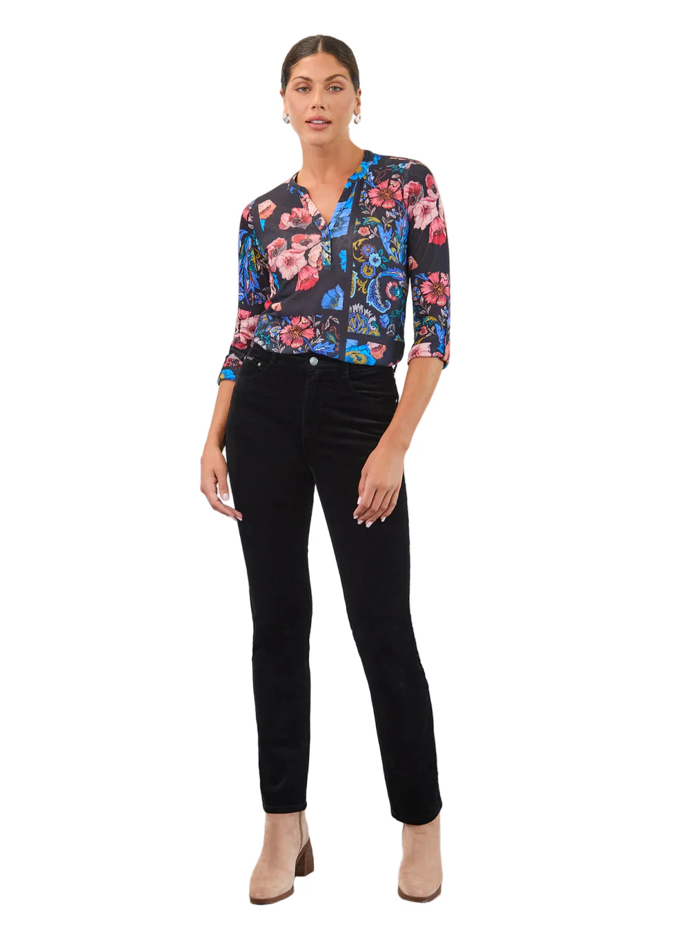 FDJ French Dressing 3/4 Sleeve Henley Botany Patchwork Top (3799451) - Image 2