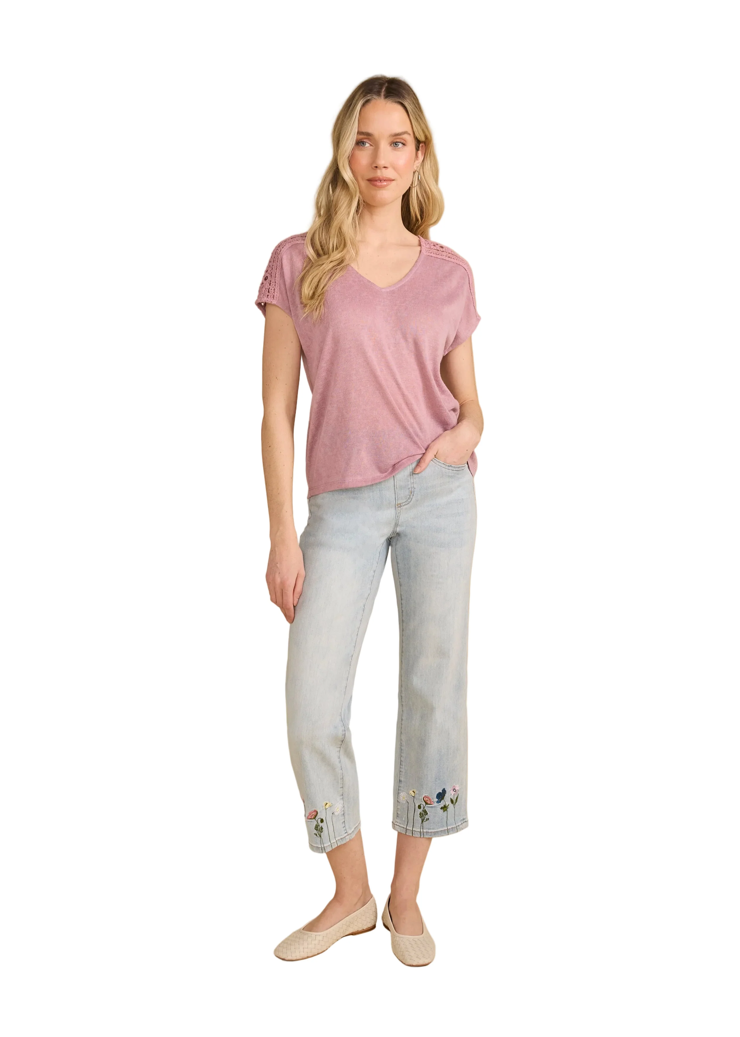FDJ French Dressing Pull-on Straight Leg Embroidered Crop Jean (2489669)(Light Wash) - Image 3