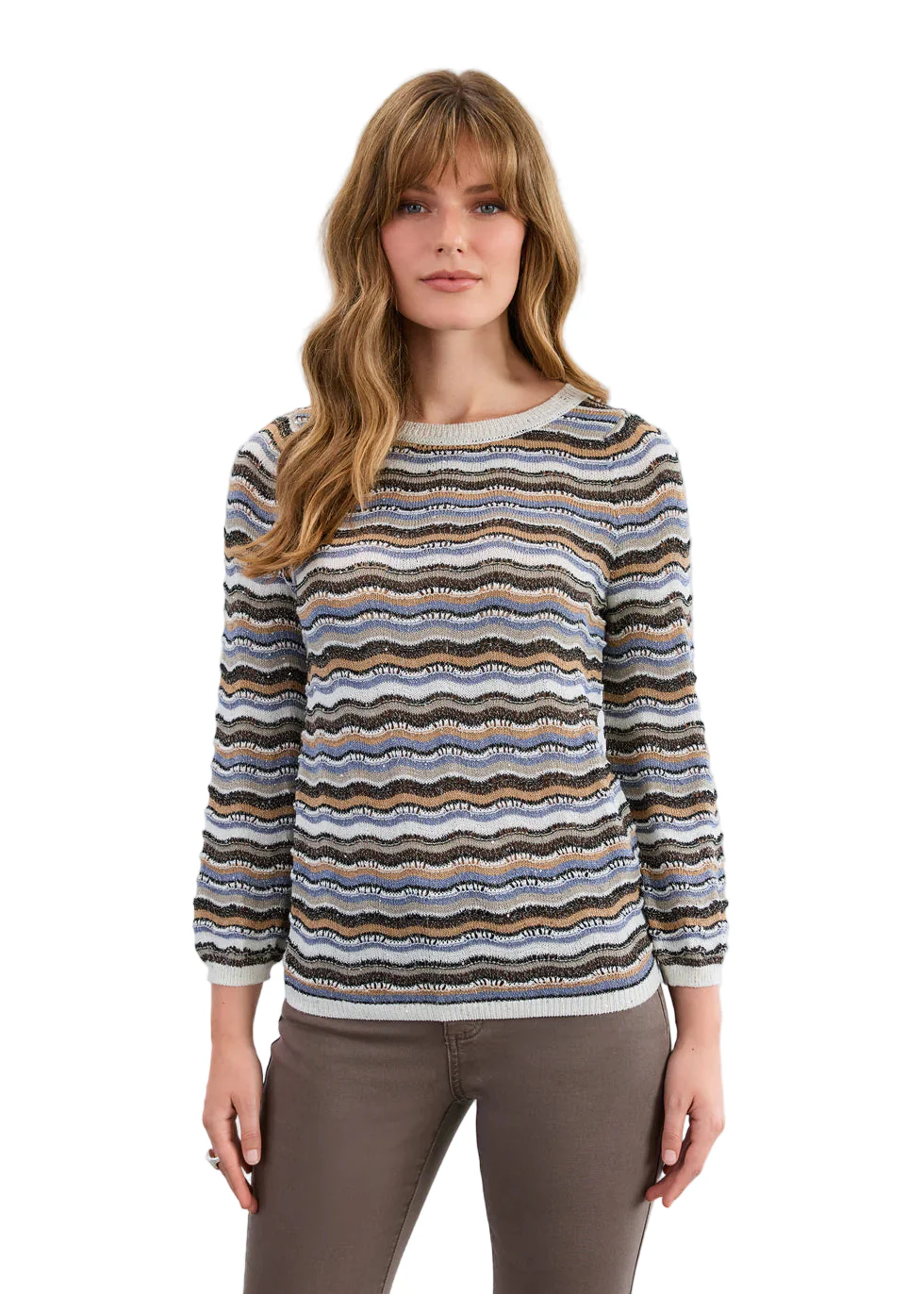 FDJ French Dressing 3/4 Sleeve Wave Stitch Soho Stripe Ottoman Textured Sweater