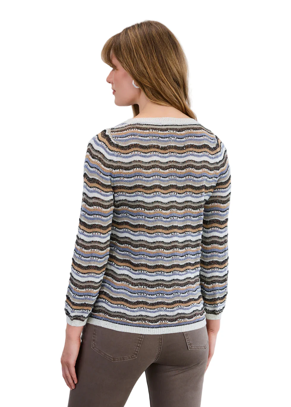 FDJ French Dressing 3/4 Sleeve Wave Stitch Soho Stripe Ottoman Textured Sweater - Image 2