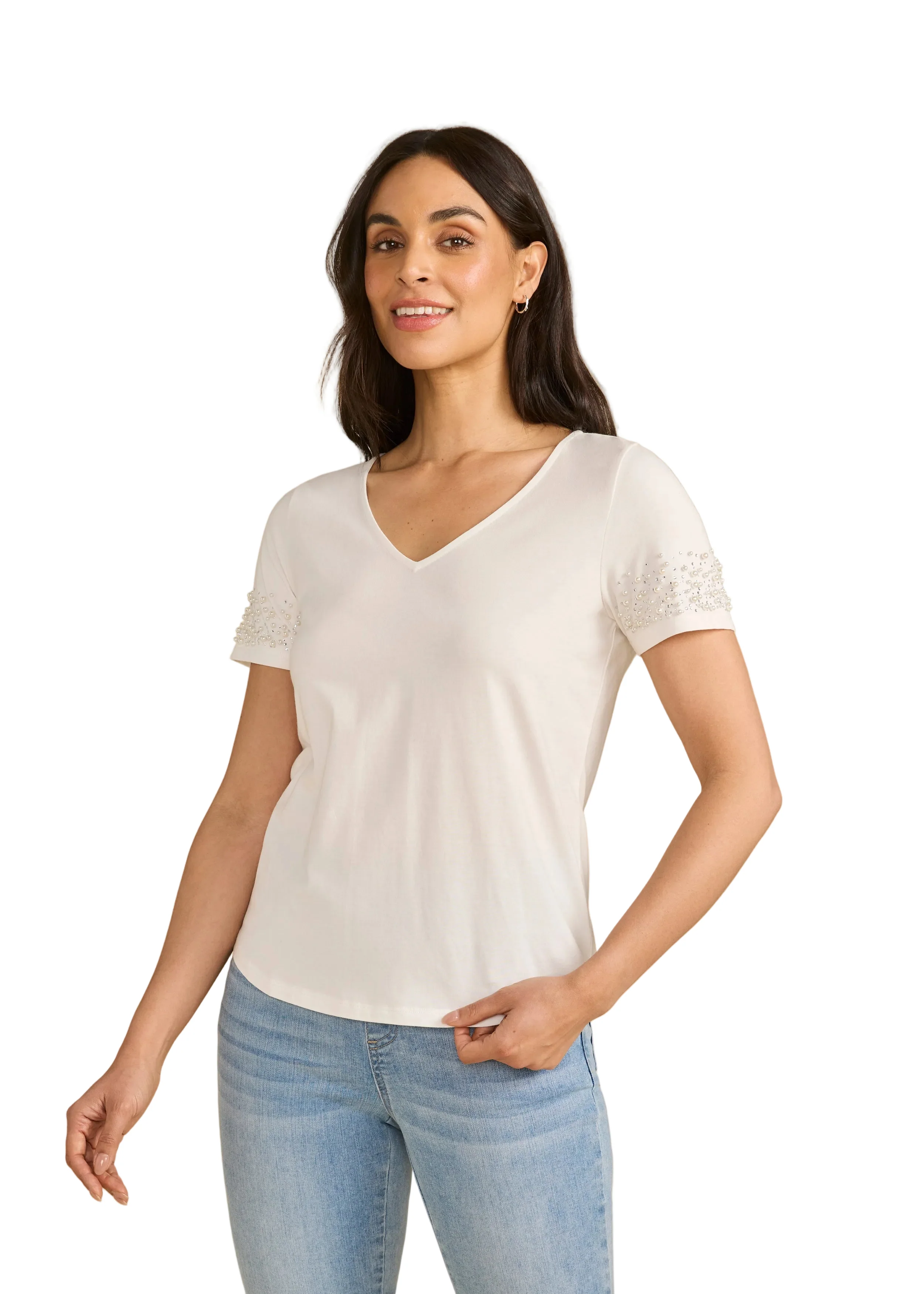 FDJ French Dressing Pearl Embellished V-neck Top (3162165)(White)
