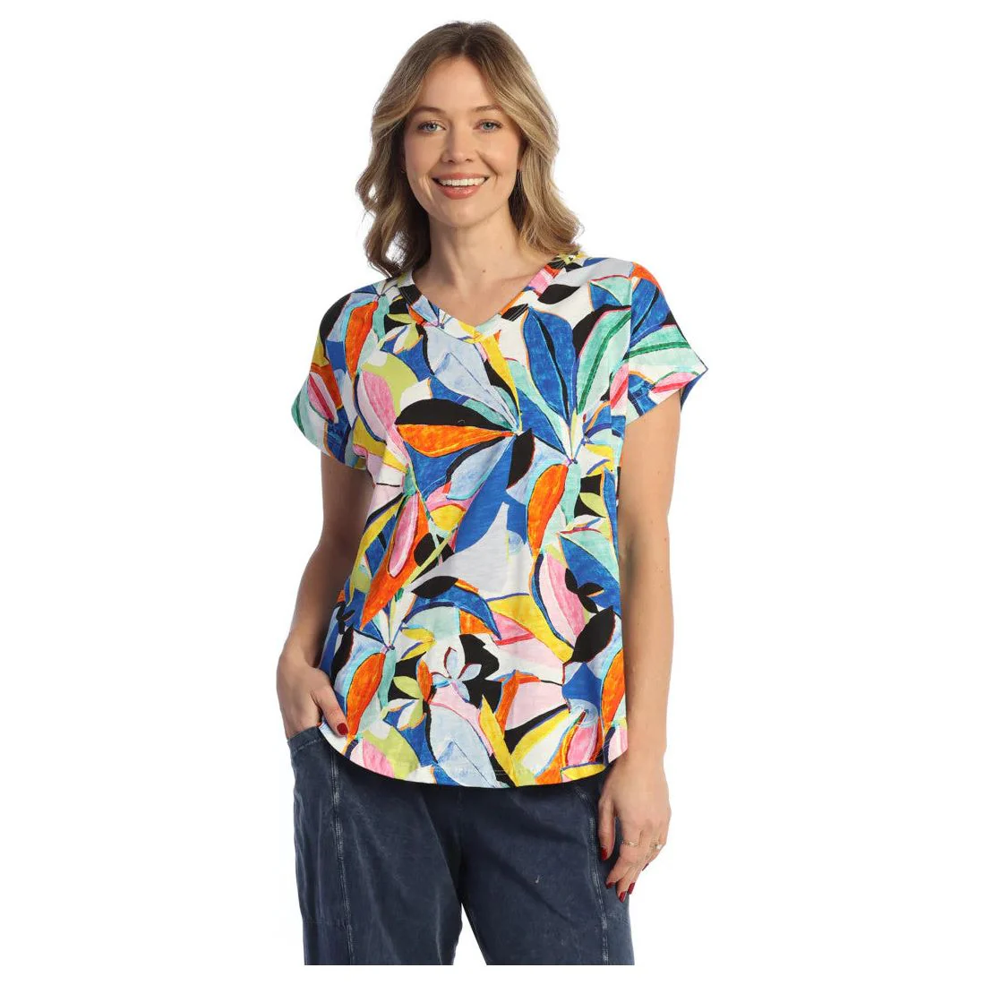 Jess & Jane Cabana Bright Multi Print Dolman V-Neck Top