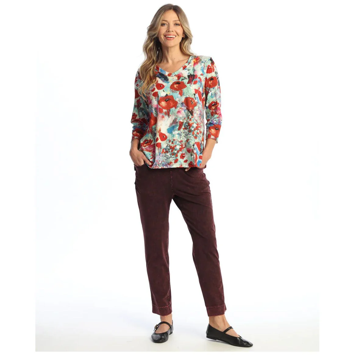 Jess & Jane Prima Poppy Floral Soft Knit V-Neck Top - Image 2