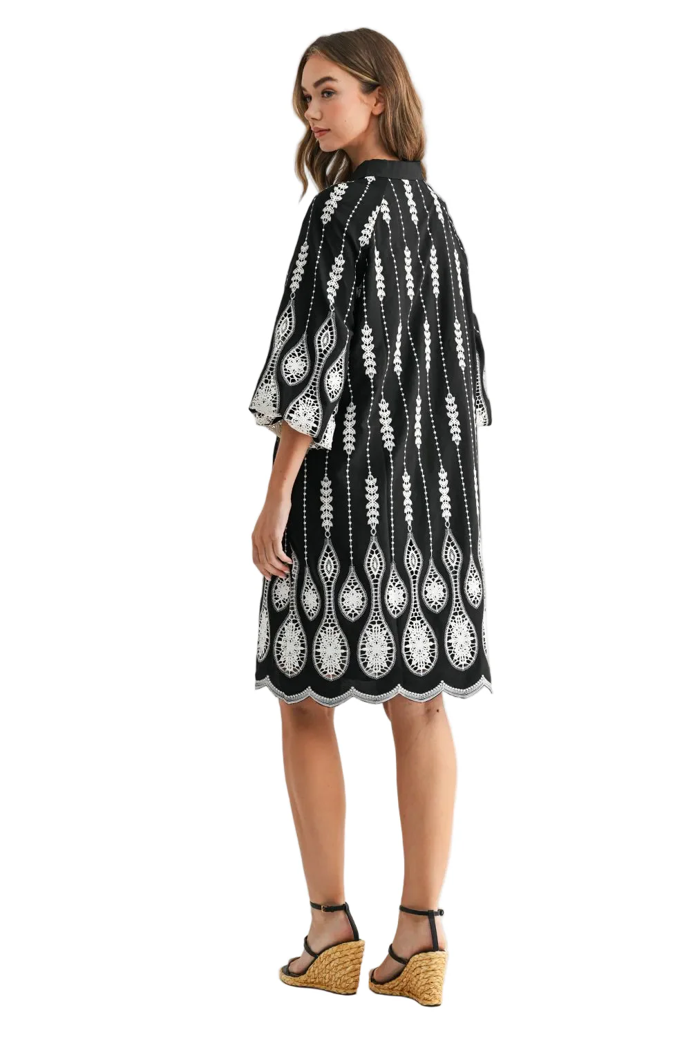 Joh Joley Puff Sleeve Placed Embroidered Dress (36234W)(Black) - Image 2