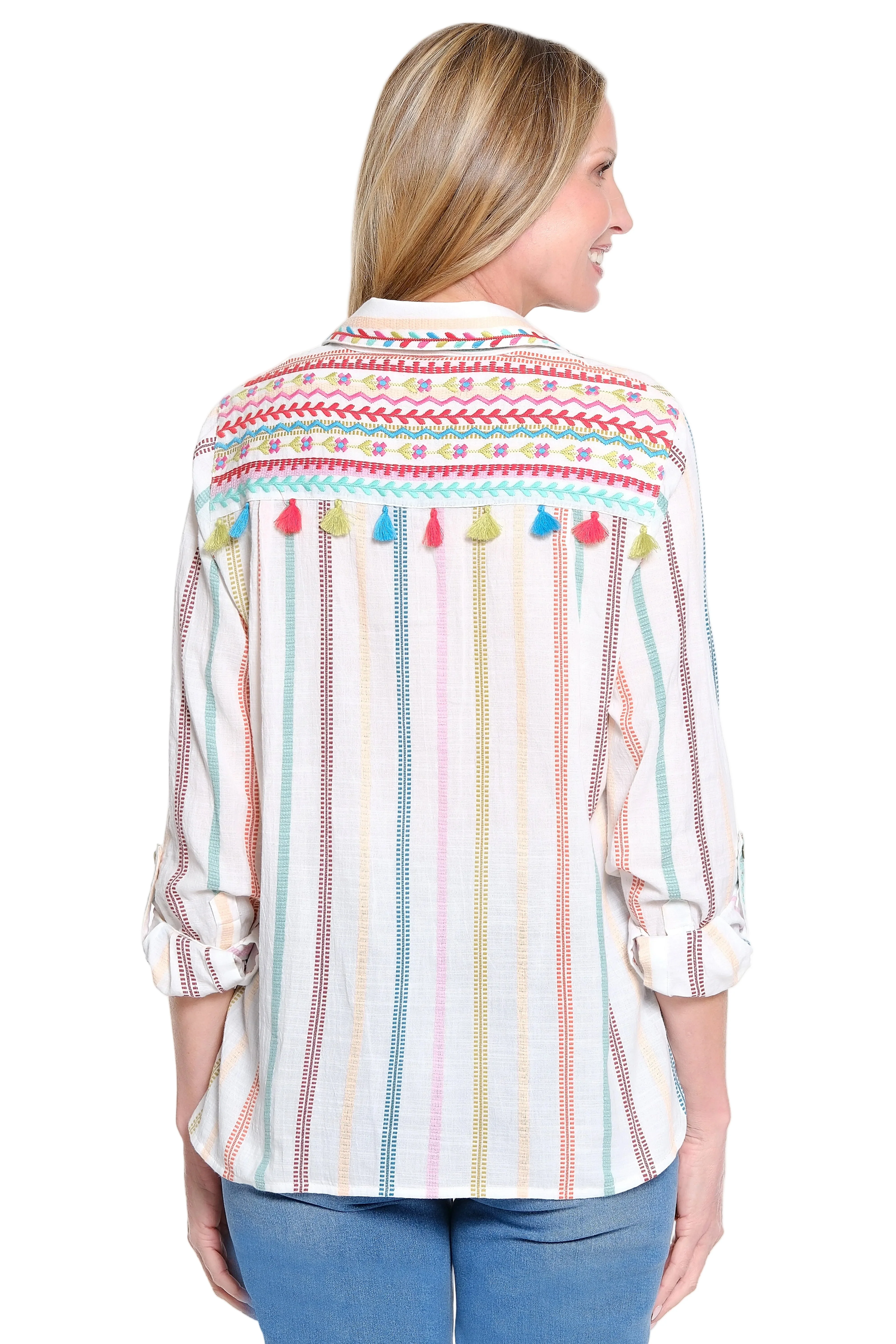 John Mark  Embroidered Button Front Blouse with Roll Tab Sleeves (J16236BM)(OffWhite) - Image 2