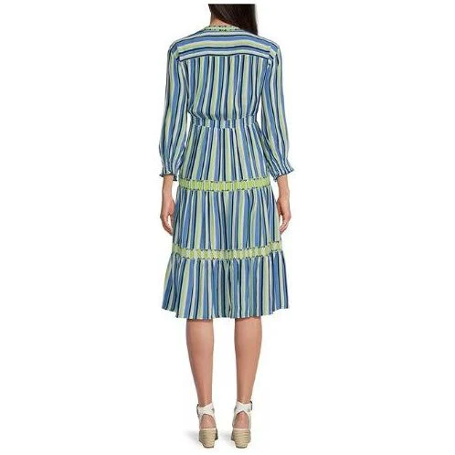 John Mark Blue Stripe Wire Collar Tiered Dress - Image 2