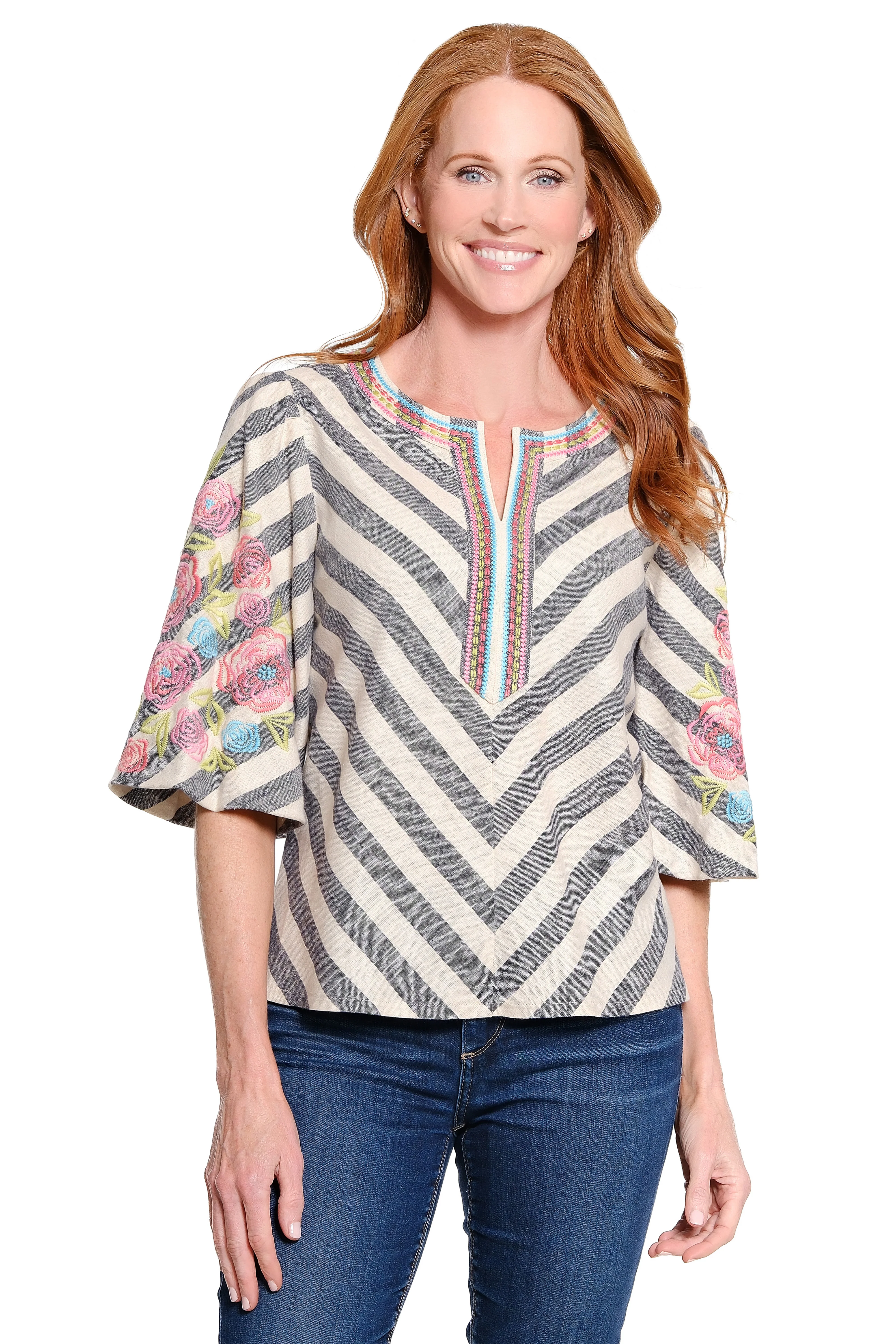John Mark Yarn Dye Pop-over Tunic with 3/4 Bubble Sleeves (J16237TM)(Blue Stripe)