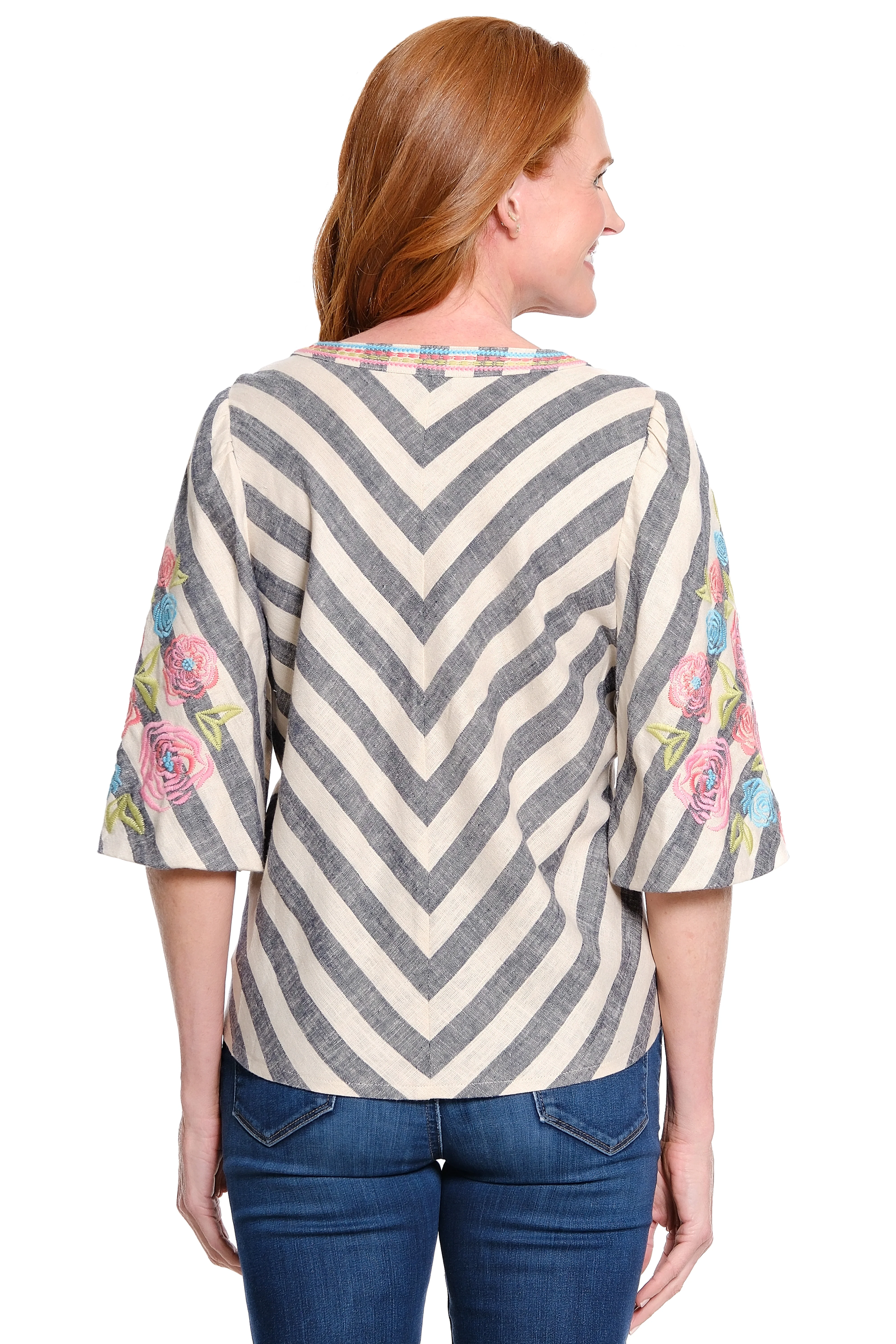 John Mark Yarn Dye Pop-over Tunic with 3/4 Bubble Sleeves (J16237TM)(Blue Stripe) - Image 2
