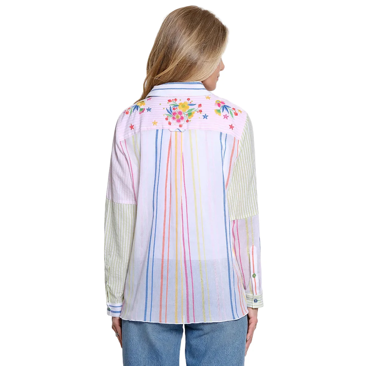 John Mark Embroidered Mix Striped Patchwork Blouse (J16346BM) - Image 2