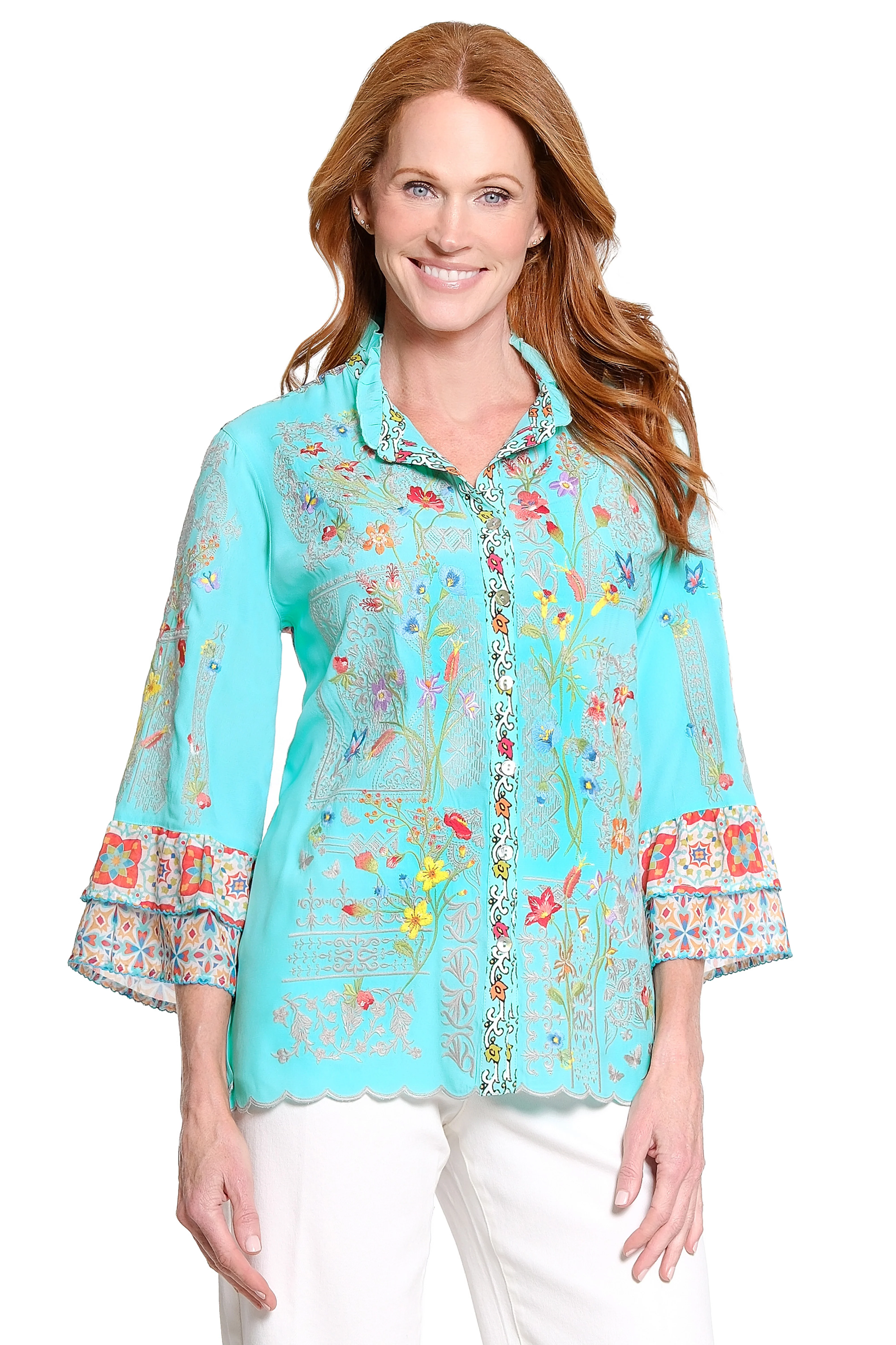John Mark Embroidered Front Tunic Blouse with Print back (J16230BM)(Aqua )