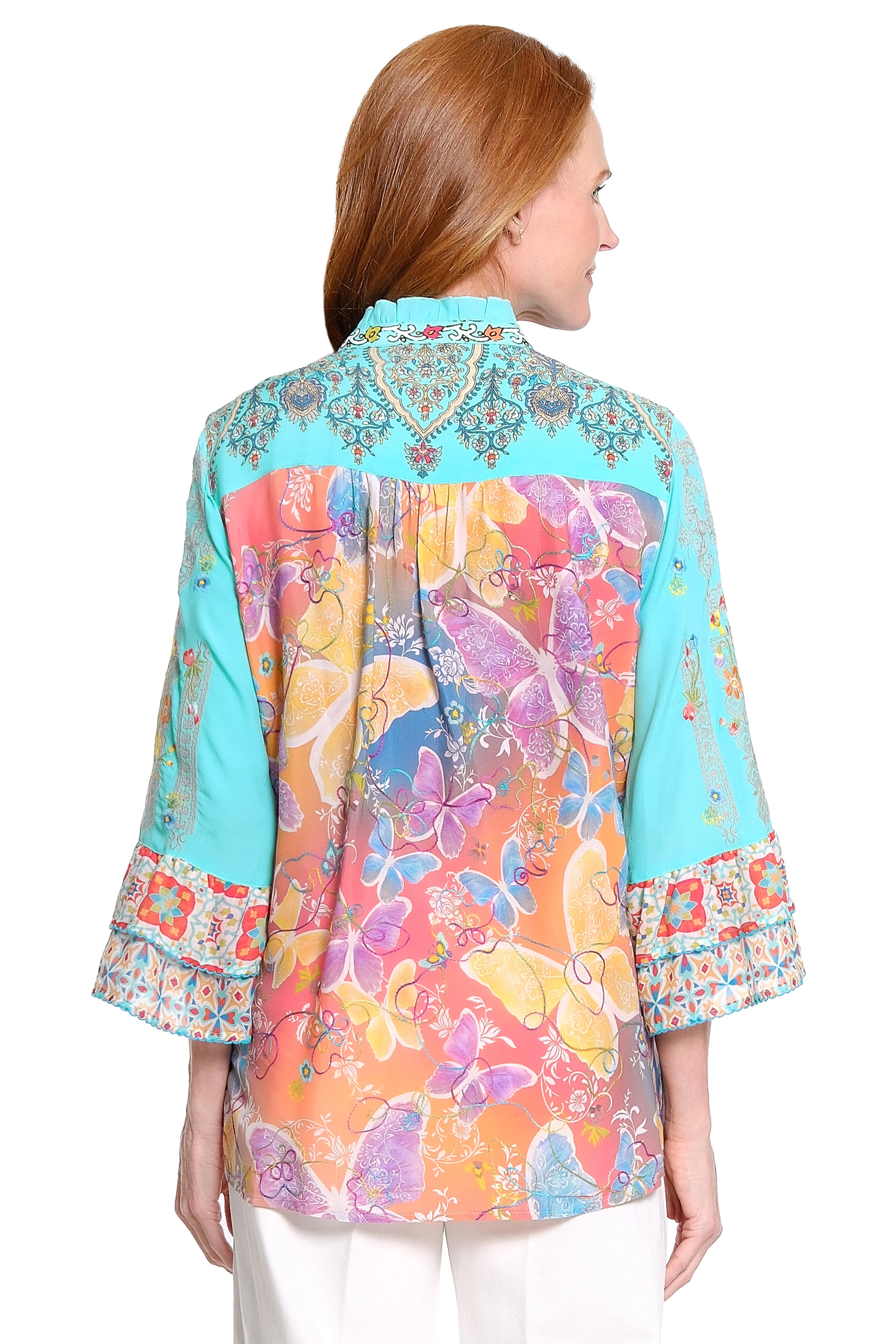 John Mark Embroidered Front Tunic Blouse with Print back (J16230BM)(Aqua ) - Image 2