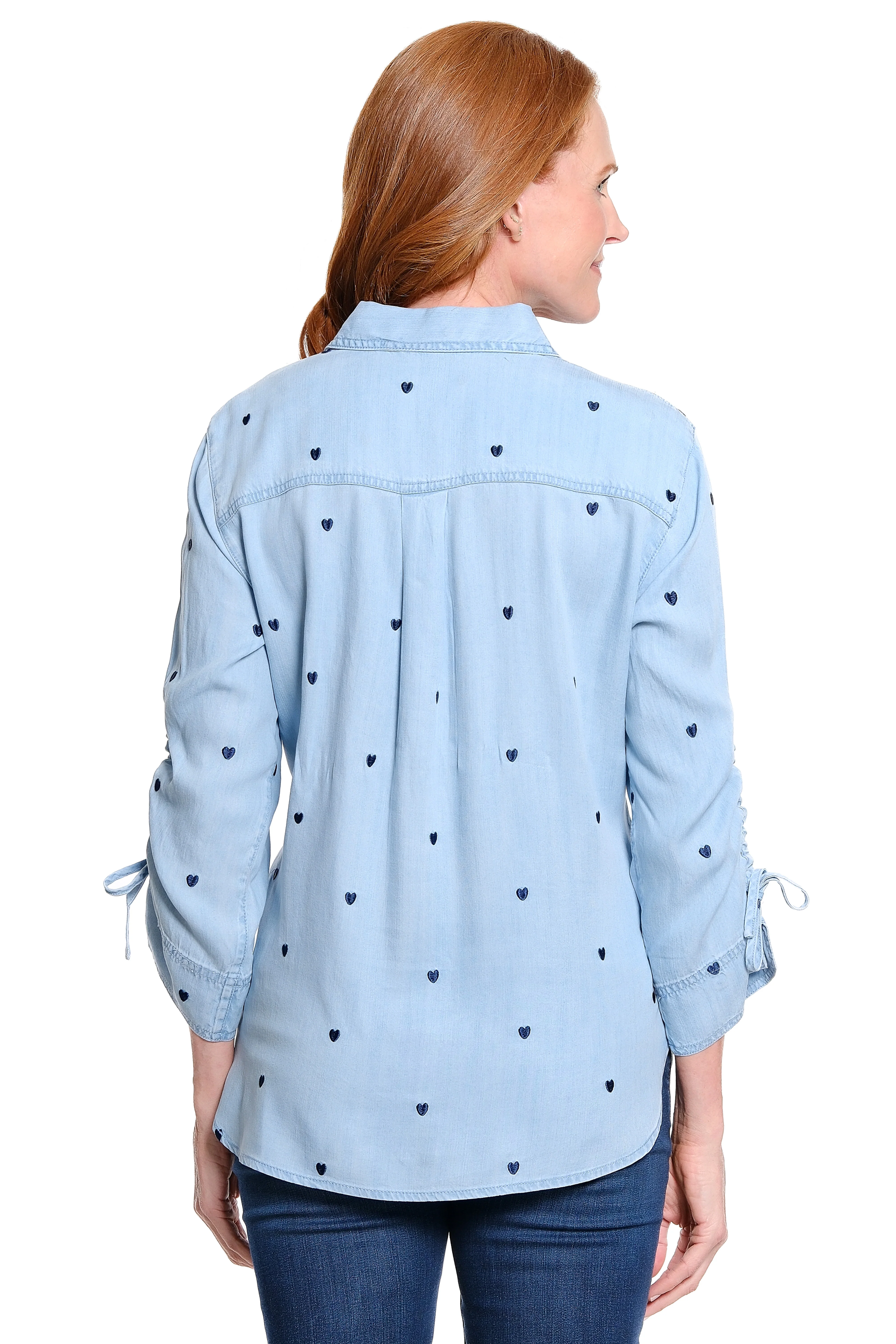 John Mark Allover Embroidered  Hearts with Cinch Tie Sleeves (J16240BM)(Chambray) - Image 2