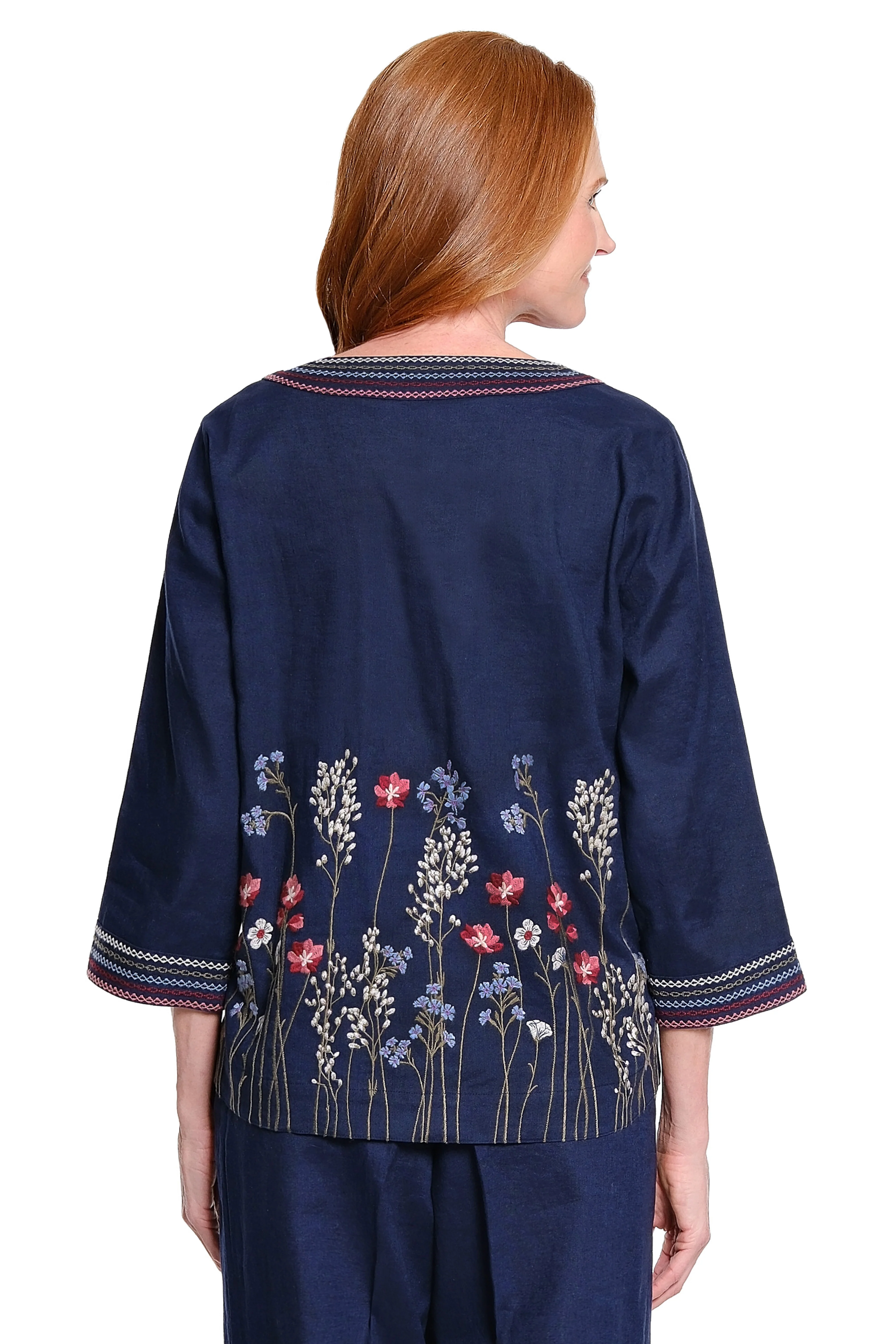 John Mark Embroidered Linen Border Embroidered Tunic (J16226TM)(Navy) - Image 2