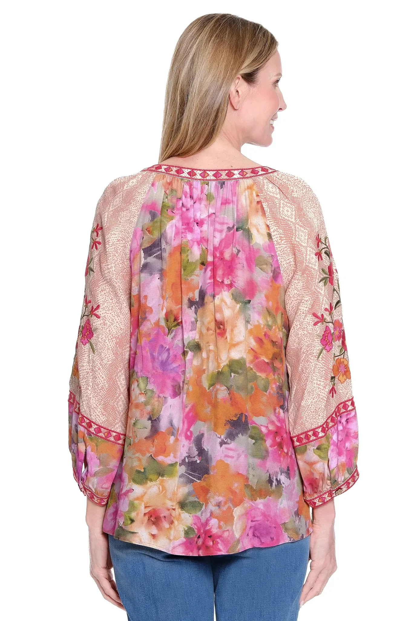 John Mark Embroidered & Embellished Split Neck Top (J35735BM) (PNK) - Image 2