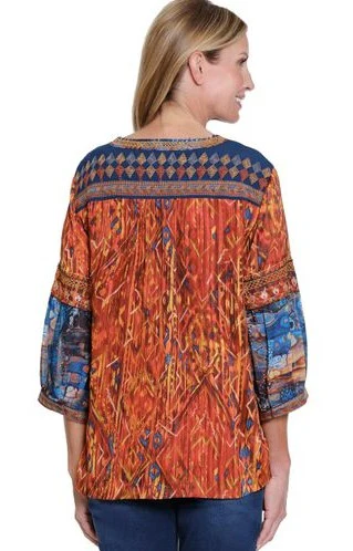 John Mark Embroidered Print Tassel Tie Peasant Top (Orange/Blue)(J35456TM) - Image 2