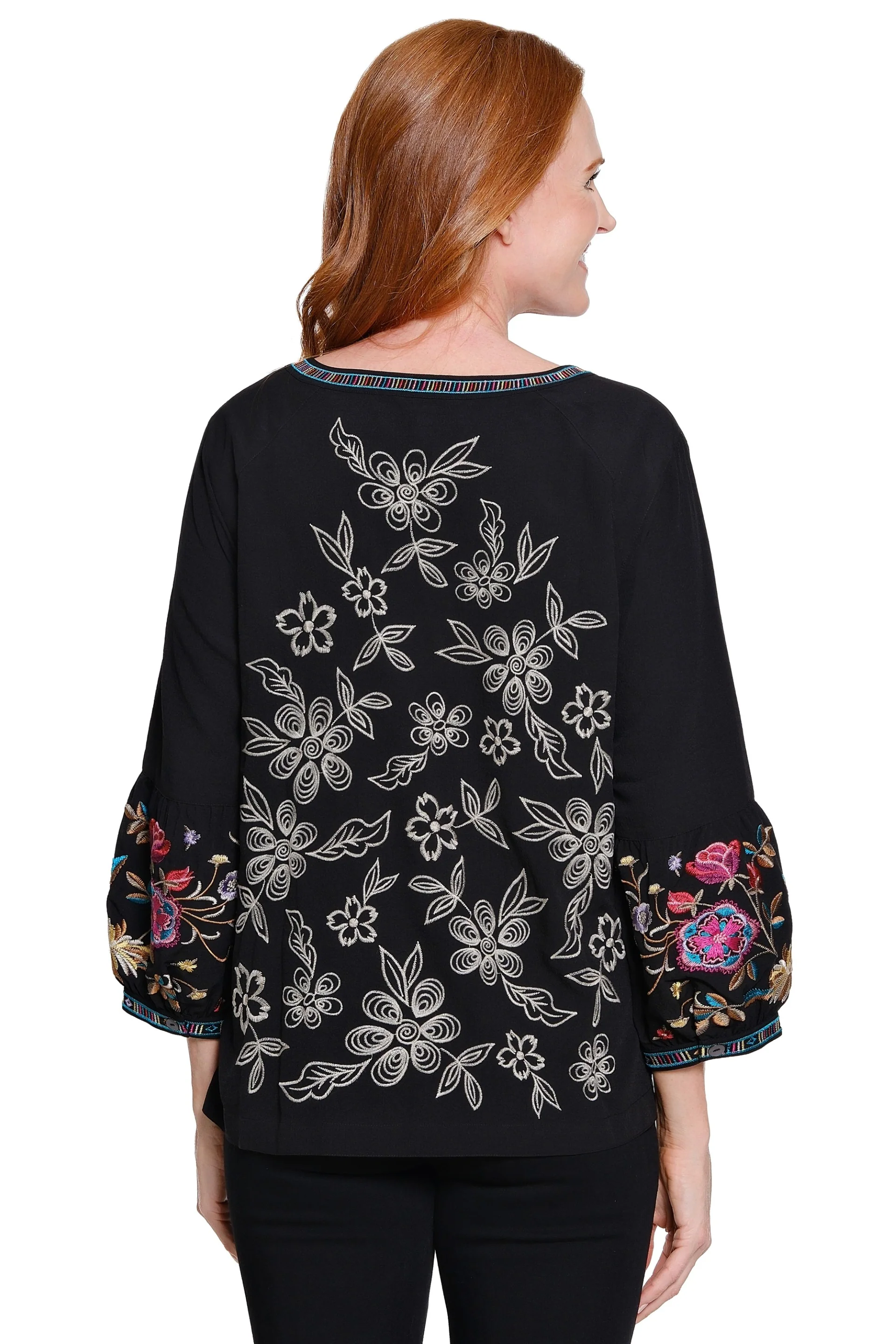 John Mark Embroidered Split Neck Peasant Top (BLK) - Image 2