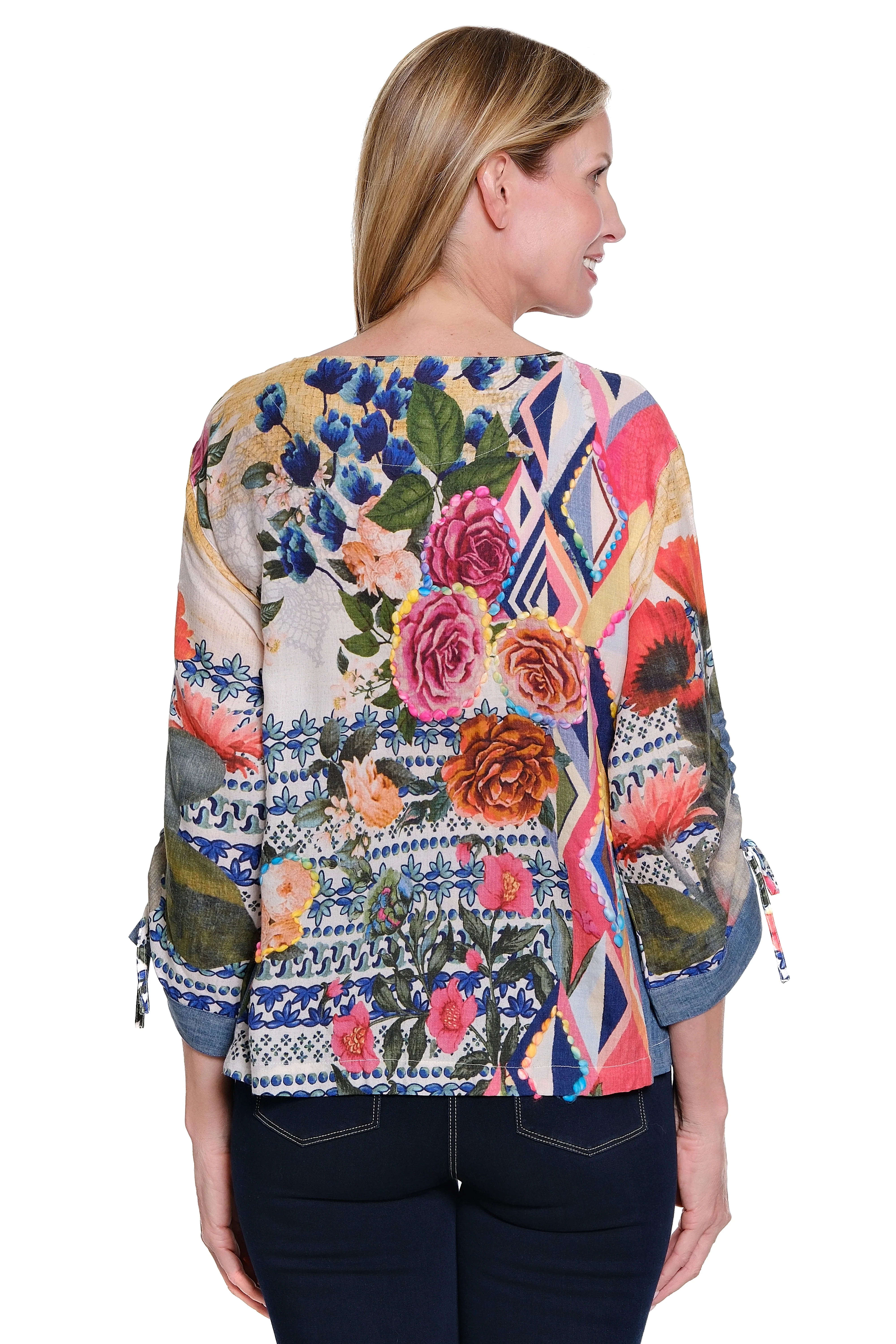 John Mark Embroidered Tie Cinch Sleeves Pull-Over Top (J45540TM) - Image 2